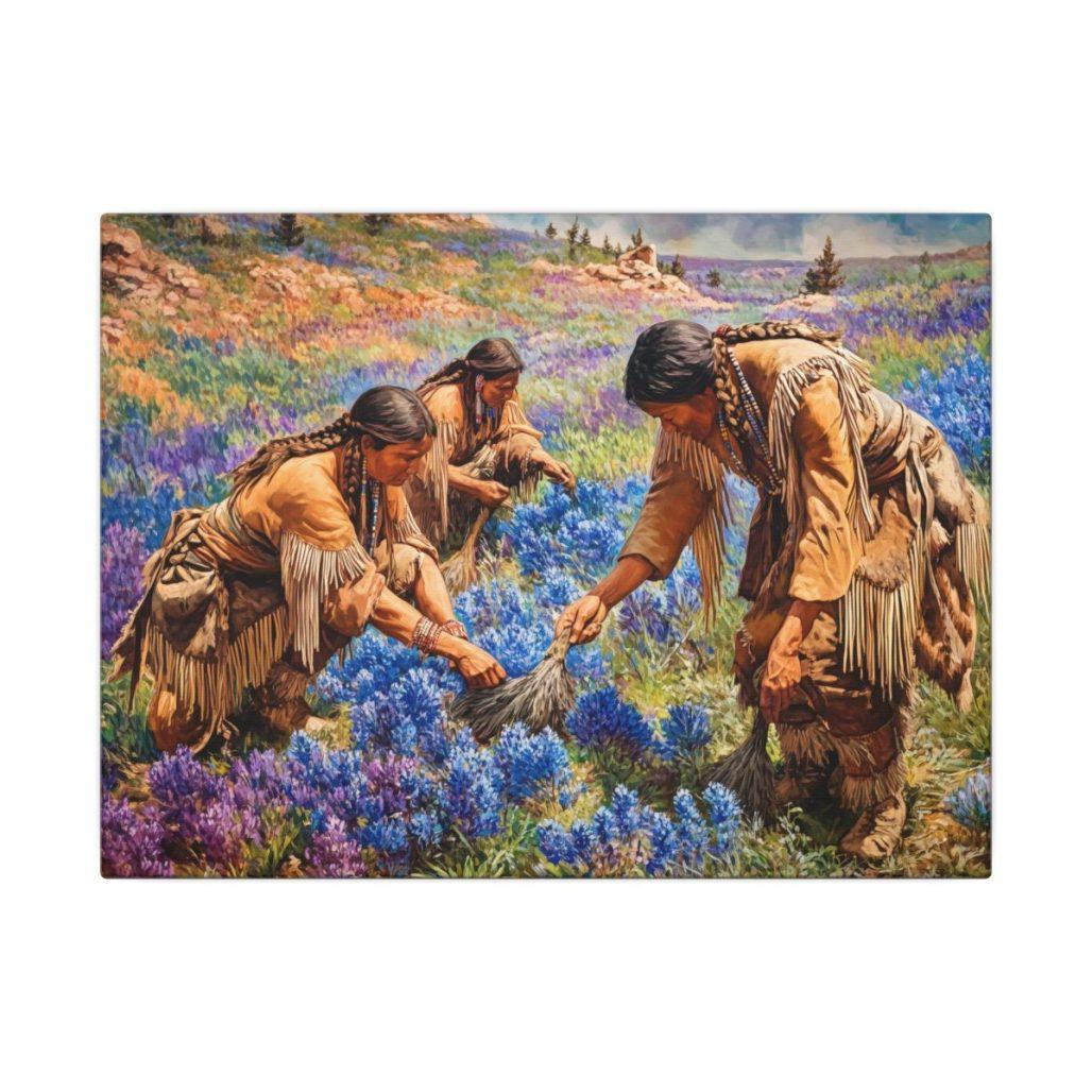 Canvas Print, Native American Women Harvesting Camas Root Artwork, Blue Flowers, Wall Art Decor, Home Decor, Boho Art, Southwestern Decor