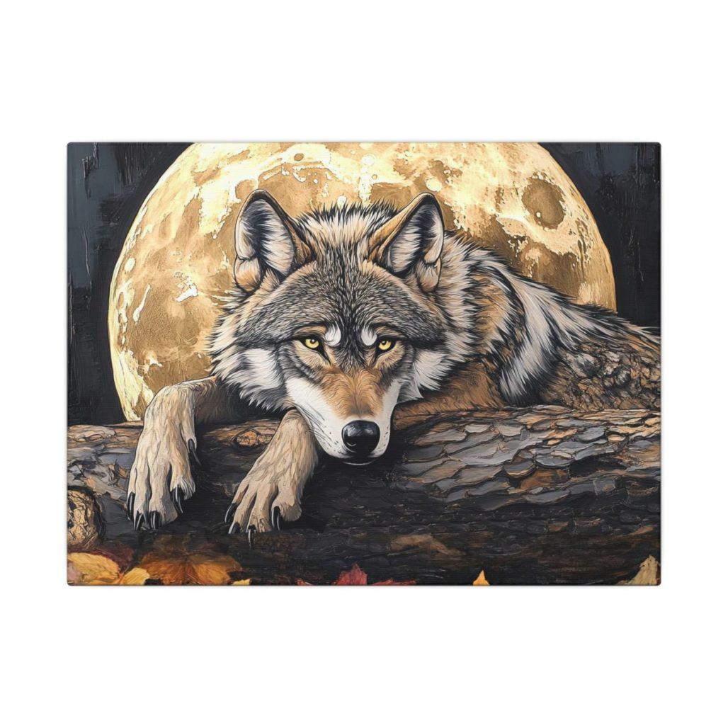 Matte Canvas Wall Art, Wolf on log under full moon Home Decor Nature Print, Animal Art, Wildlife Cabin Decor image