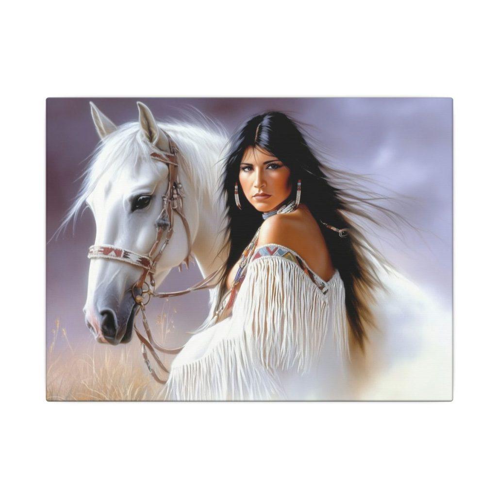 Native American Woman with White Horses Stretched Matte Canvas, Living Room or Office Artwork Wall Decor image