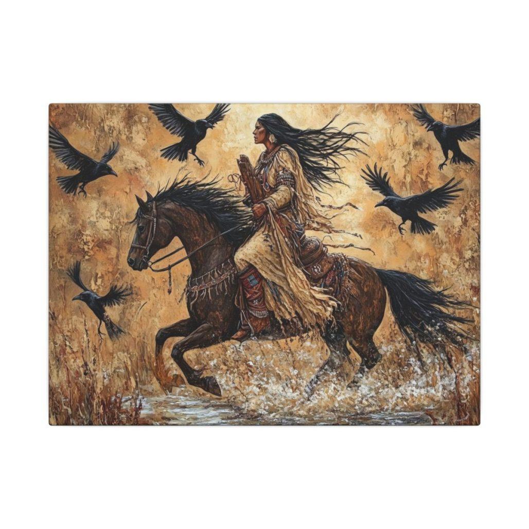 Canvas Print, Native American Woman,Horse,Ravens Matte Wall Art, Stretched Painting, 0.75 Inch, Multi-Size, Home Decor, Gift, Western, image