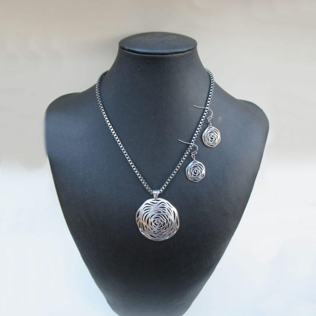 Silver Floral Rose Necklace & Earrings Set image