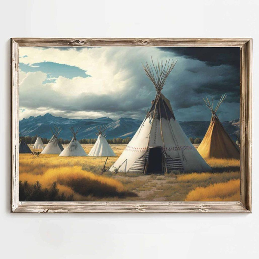 Matte Canvas Print, Blackfoot Tipi Encampment Native American Art, Stretched Canvas Wall Art, Indian Tipis Decor image