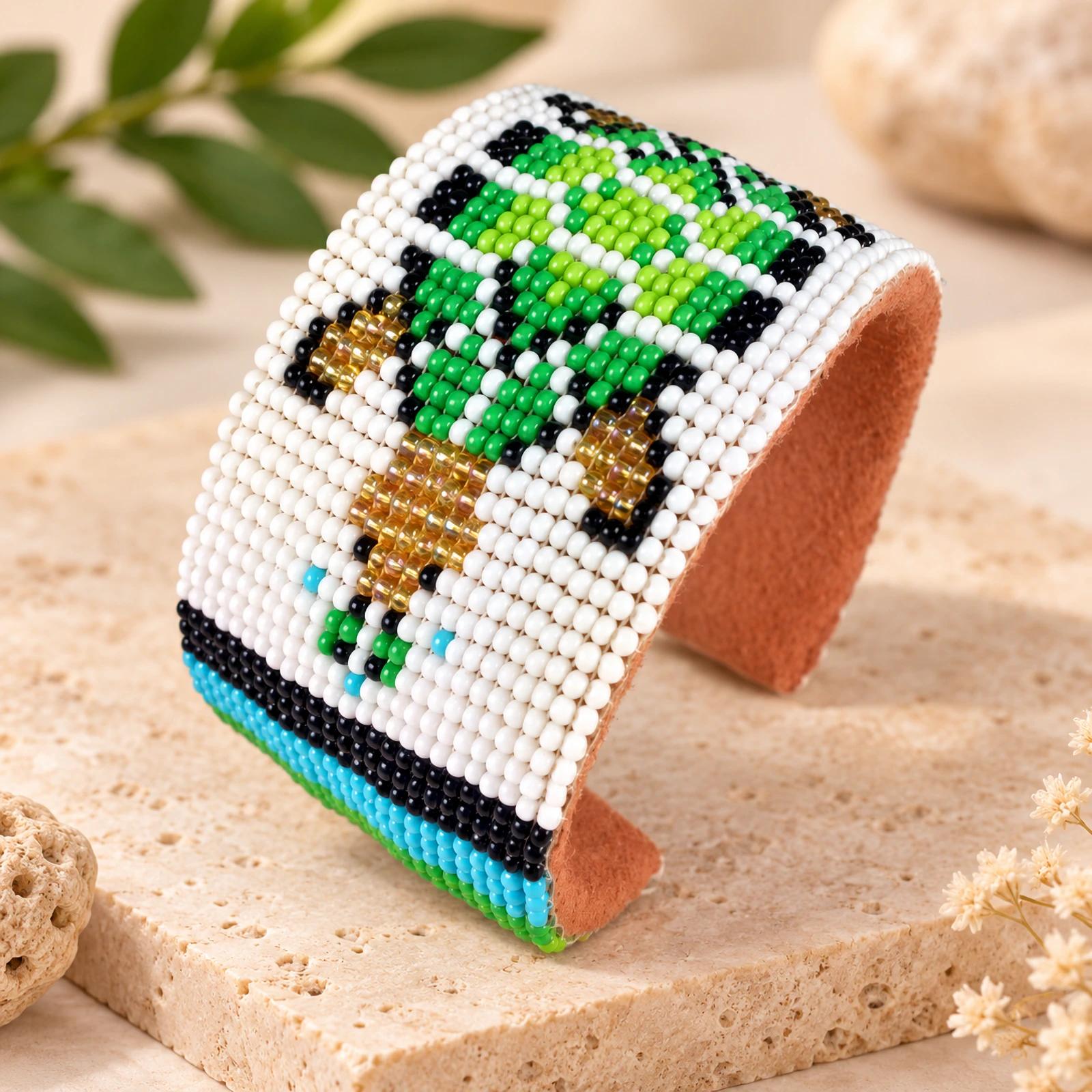 Green turtle beaded cuff bracelet image