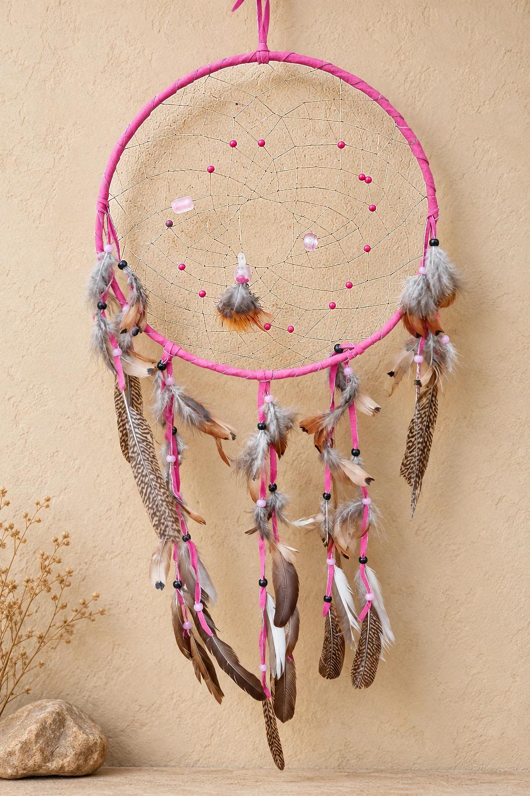 12 inch Hot Pink Deerskin Dream Catcher with Pheasant Feathers and Quartz Crystal image