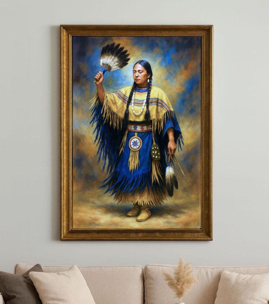 Moon Lodge Dance Native American Spiritual Portrait, Traditional Dress Artwork, Matte Canvas Print image