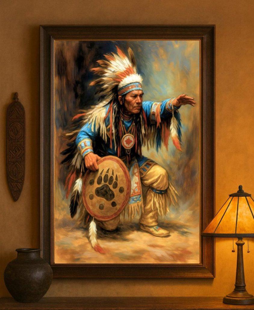 War Dance: Native American Warrior Portrait with Bear Paw Shield, Indigenous Cultural Heritage Artwork image