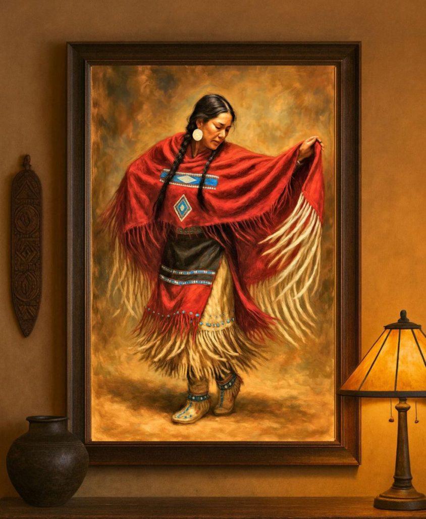Red Shawl Fancy Dancer Matte Canvas Print: Native American Dancer in Traditional Regalia, Cultural Heritage Celebration image