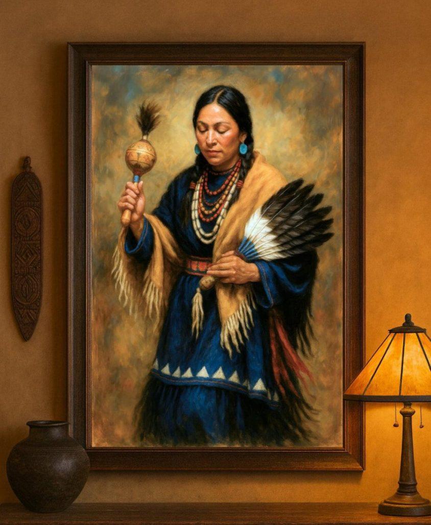 Matte Canvas Print – Native American Ceremonial Portrait, Spiritual Meditation in Traditional Dress image