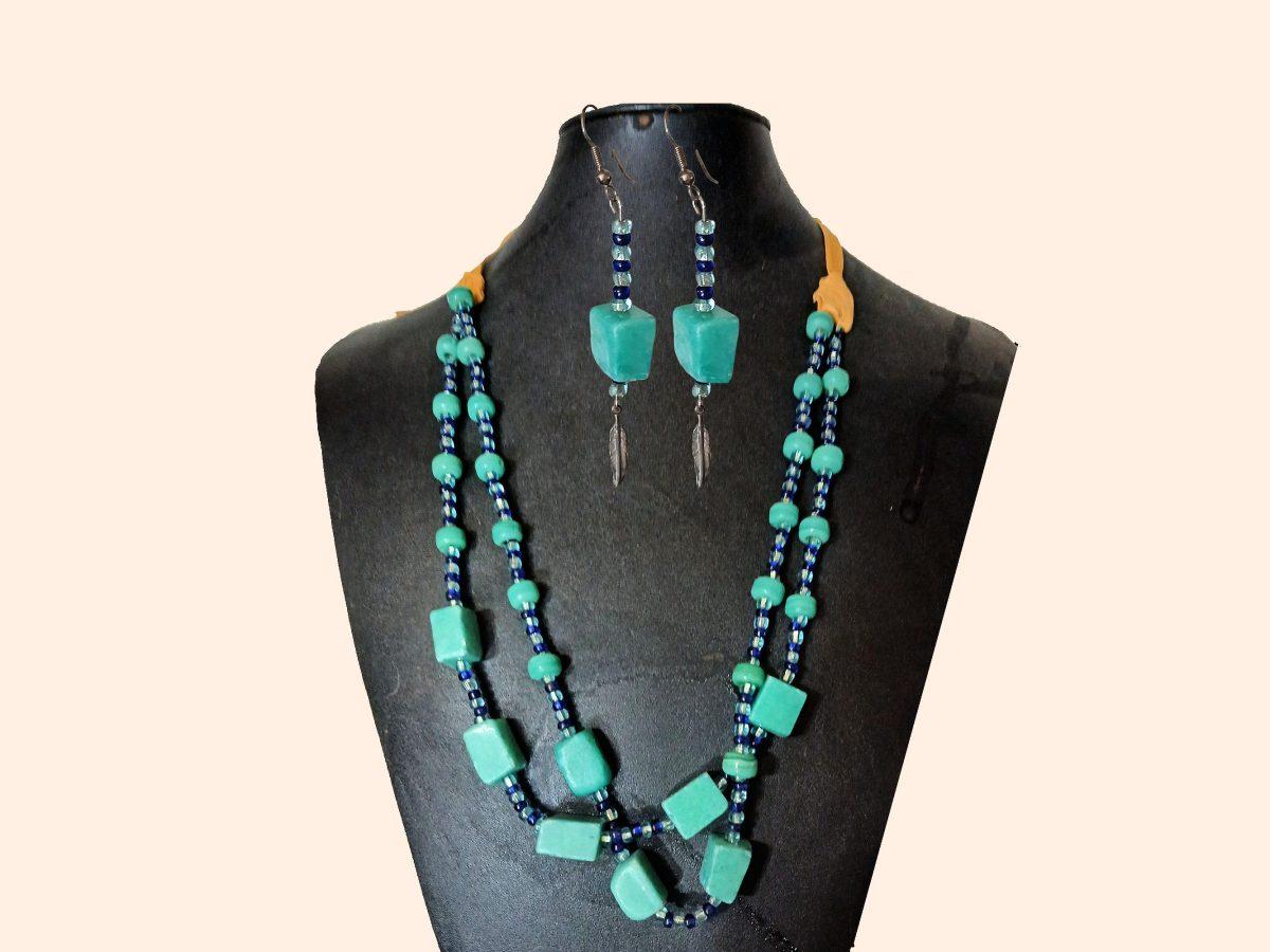 Amazonite Necklace and Earrings Set – 2 Strand Gemstone Jewelry with Cobalt Glass Beads & Deerskin Ties, Boho Chic Gift image