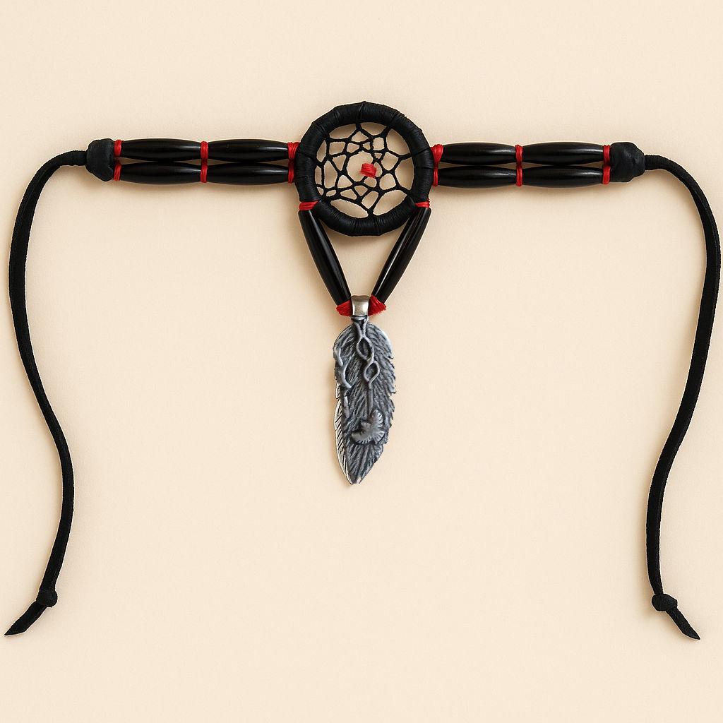 Black and Red Dreamcatcher Choker, Horn Hairpipe Necklace with Eagle Feather Pendant, Tribal Boho Jewelry with Deerskin Ties image