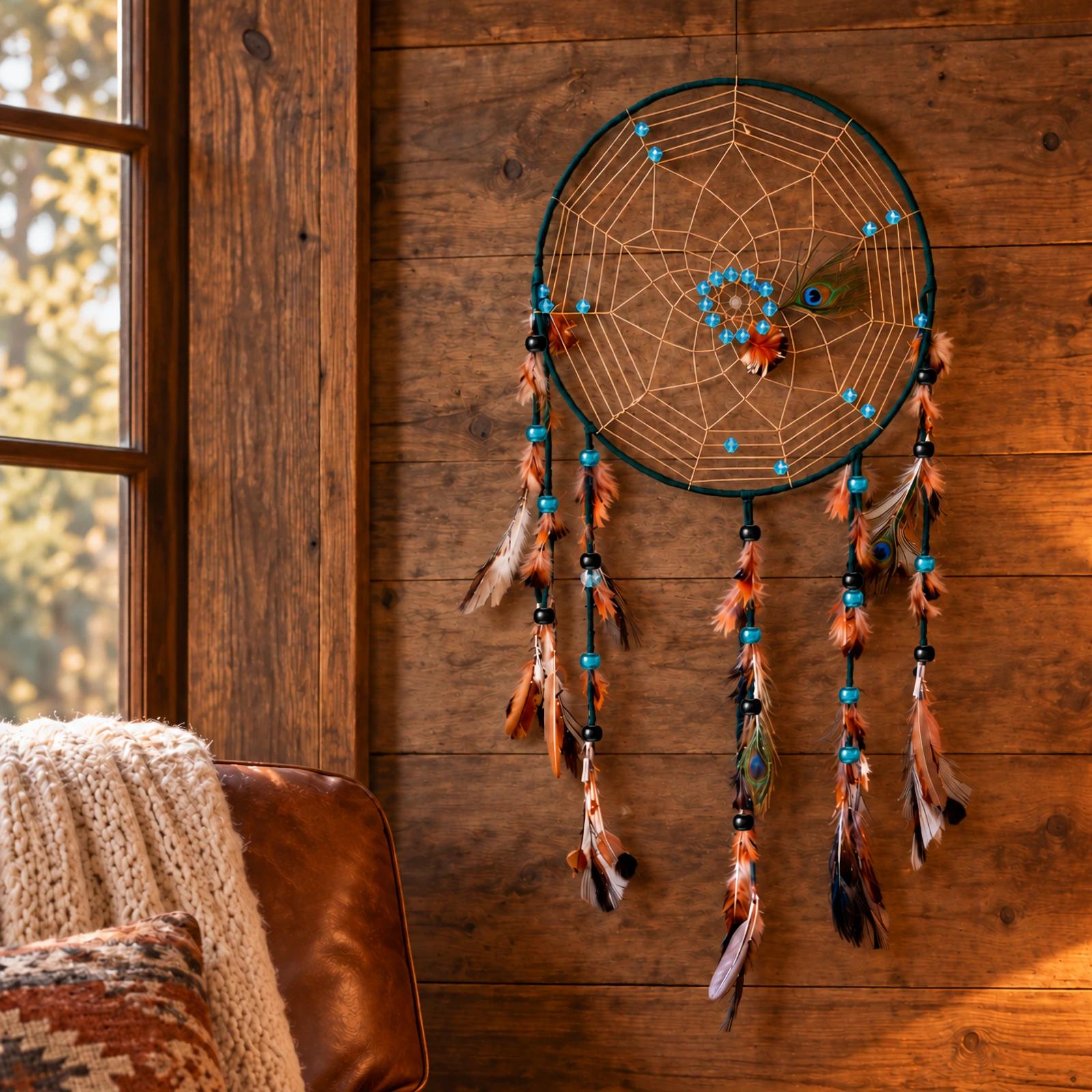 15 inch Spiderweb Pattern Dreamcatcher with Peacock Feathers image
