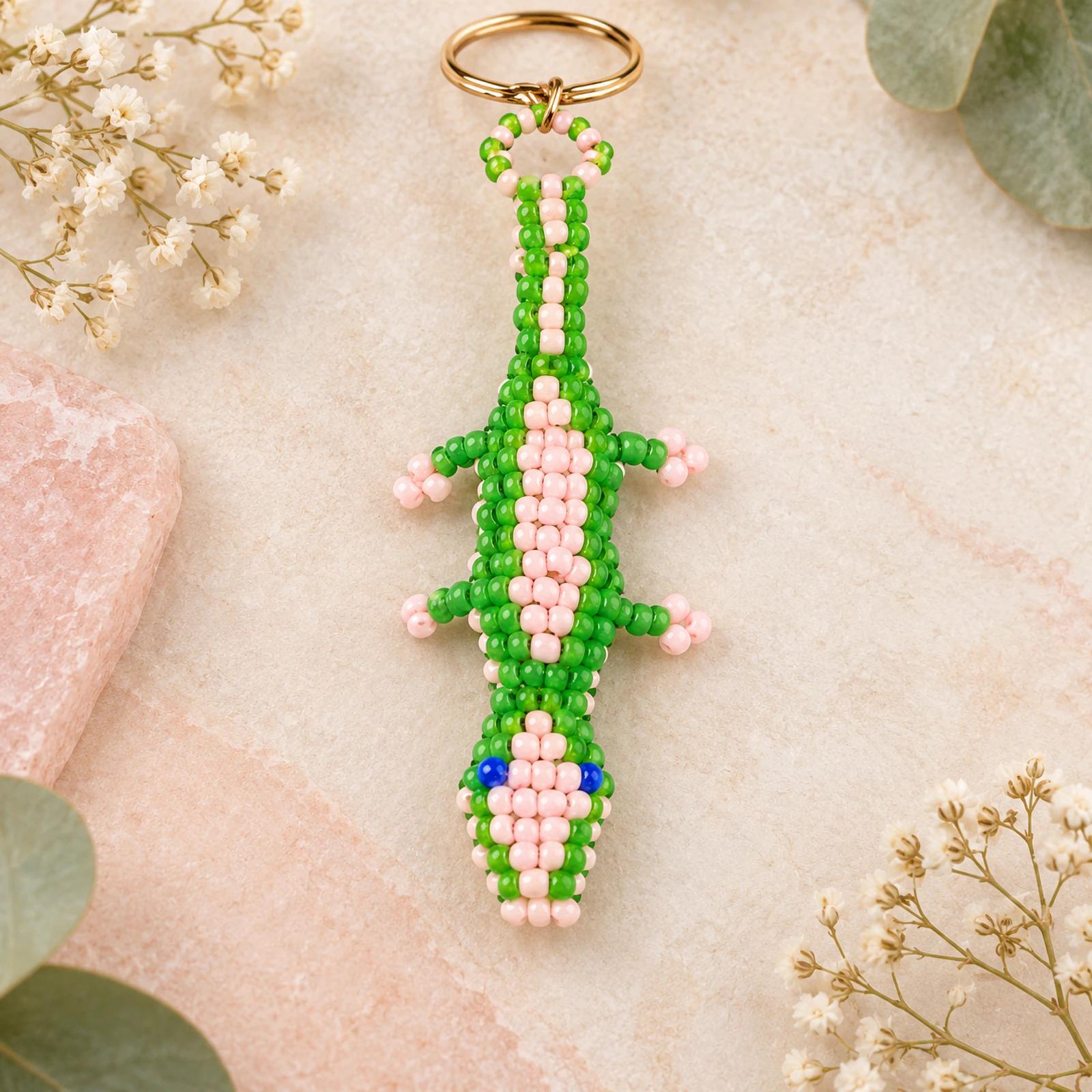 Green and Pink Gecko beaded keychain image