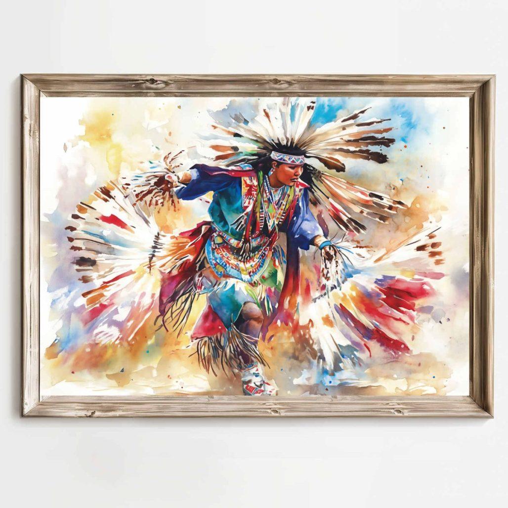 Native American Powwow Fancy Dancer Stretched Matte Canvas, Indigenous Wall Art Decor, Pastel Colors image