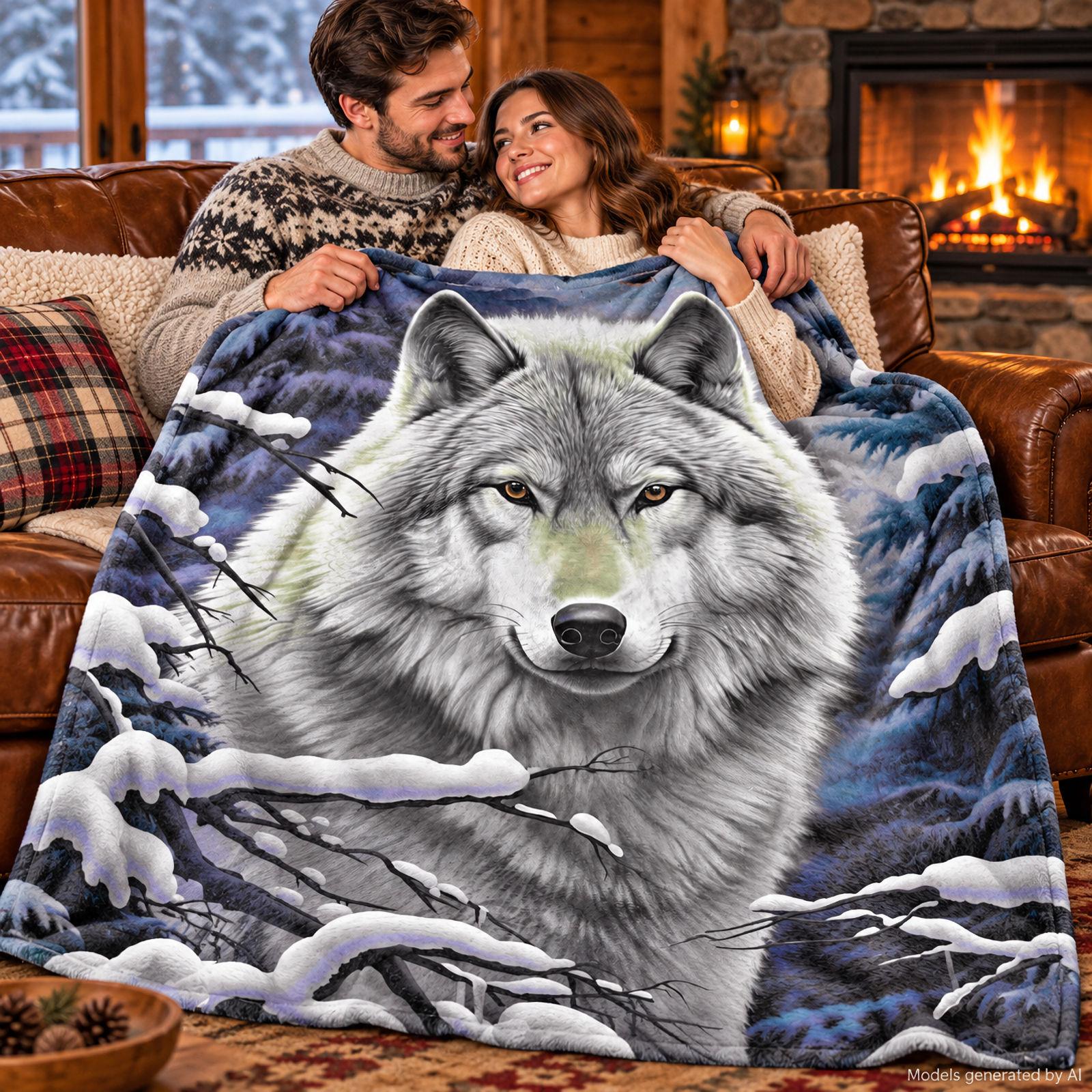 Wolf in Snow Plush Velveteen Minky Blanket, Gift for Wolf Lover image