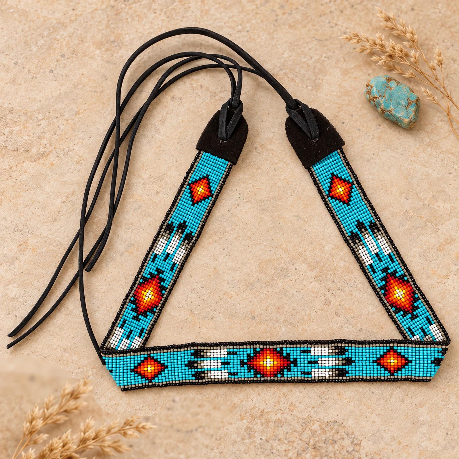 Beaded Hat Band with Fire Geometric Patterns and Eagle Feathers image