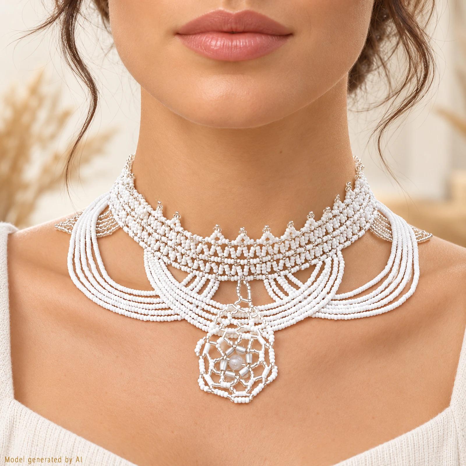 White Victiorian beaded necklace choker image