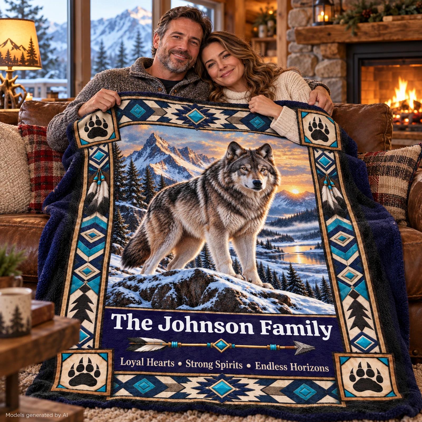 Wolf Wilderness Portrait Blanket, Personalized Family Name Velveteen Microfiber image
