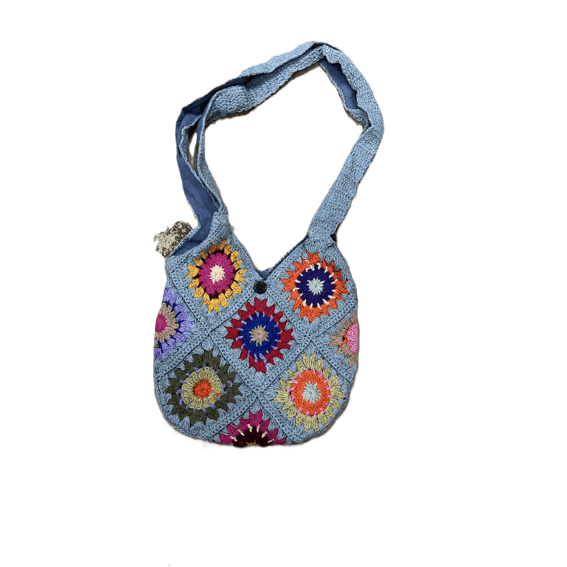 Cotton Crochet Square Pattern Blue Tote Bag DT25814B