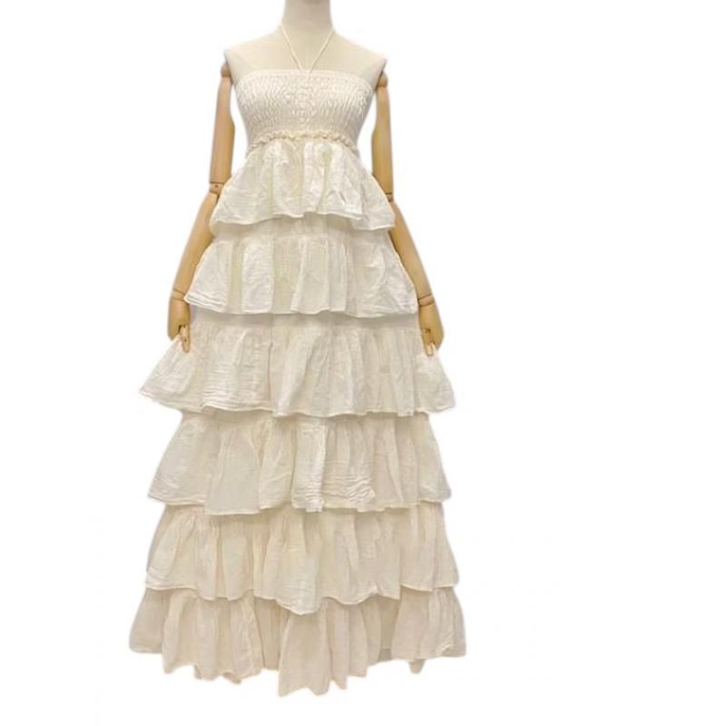 Cotton Smocked Crinkled Ruffle Layers Maxi Dress
