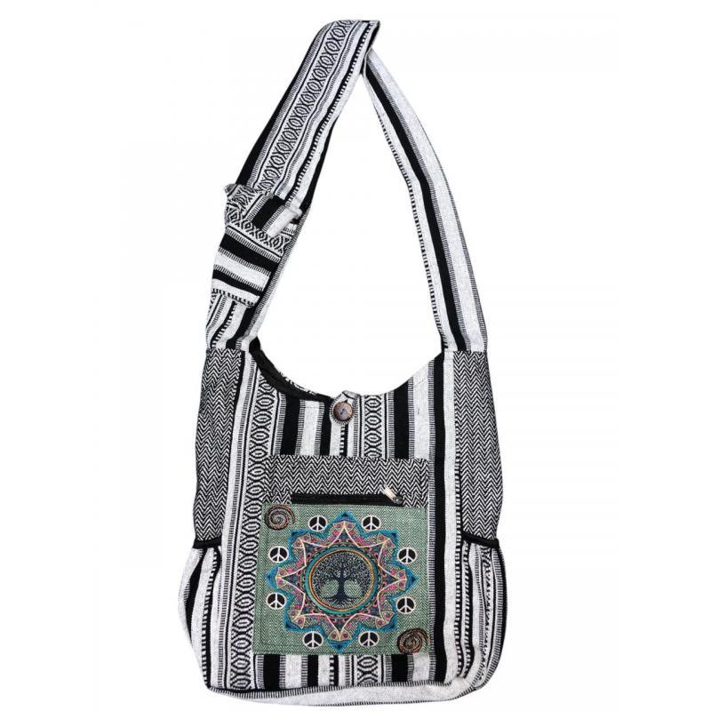 Cotton Black & White Patch Peace Tree of Life Bag image