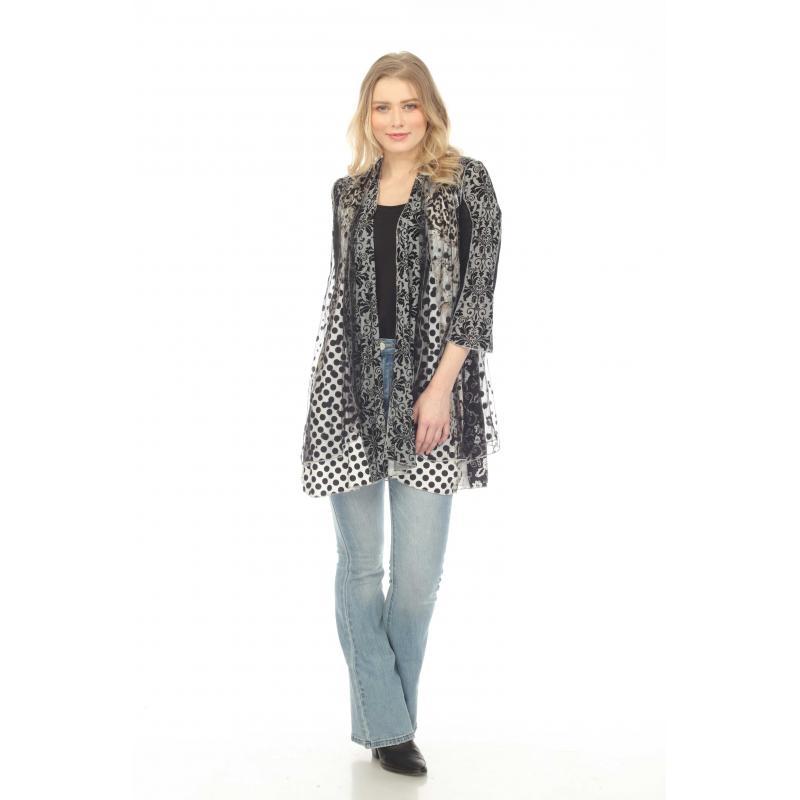Women's B/w Black Polk Net Layers Open Front Cardigan image