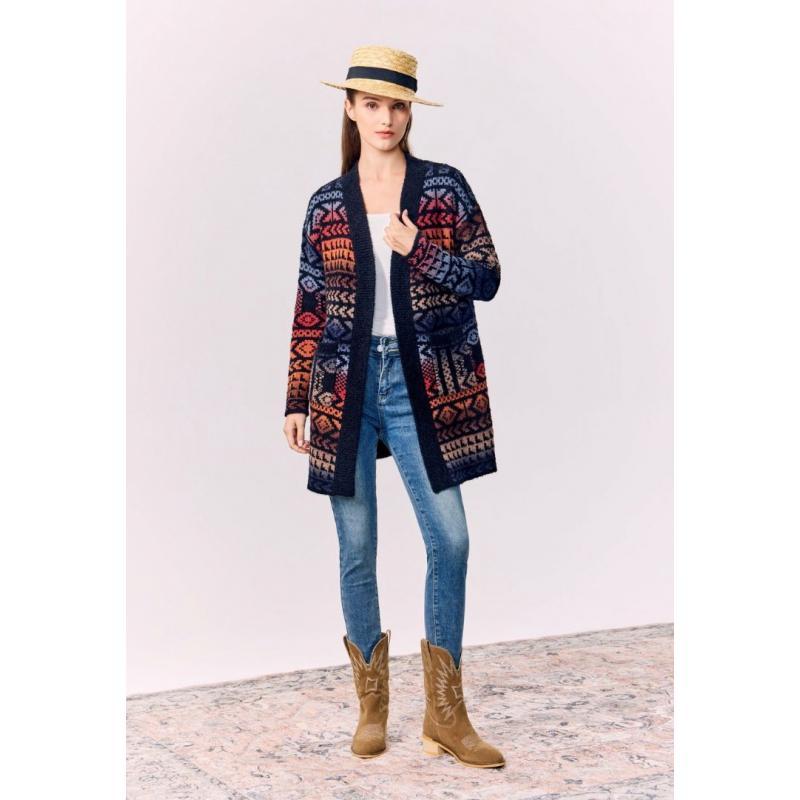Women Red Rose Boho Aztec Open Front Sweater Cardigan image