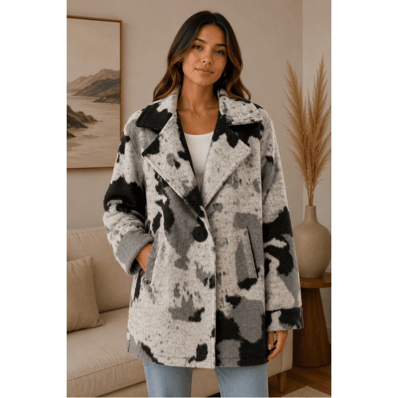 Women's Collar Single Button B/W Cow Print Plaid Jacket Coat