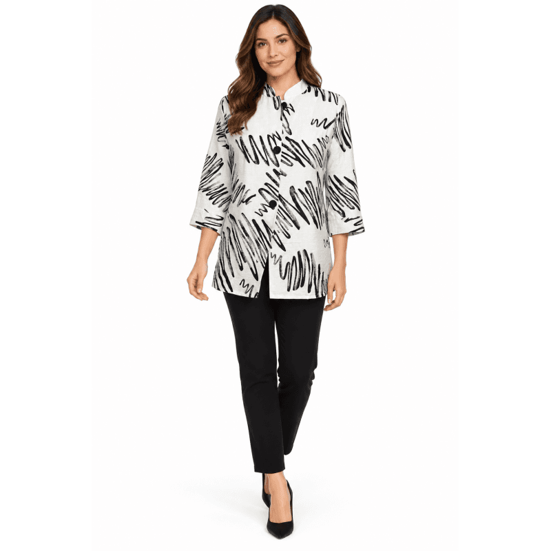 Women's B/W Cloud Button Round Neck Cardigan