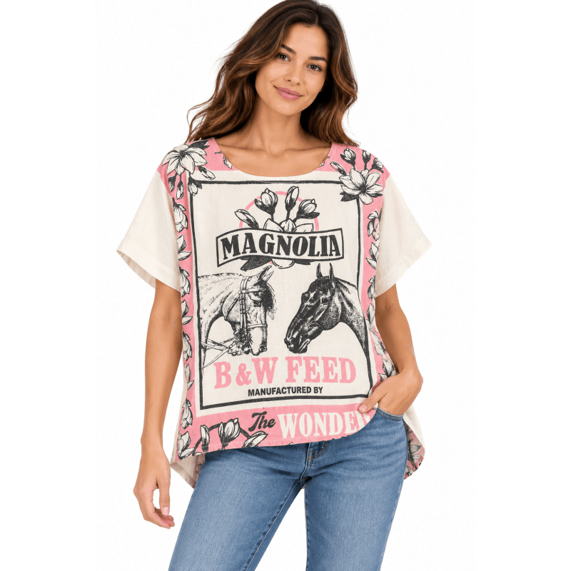 Vintage Cotton Feed Sack Magnolia Floral Horse Crop Top image