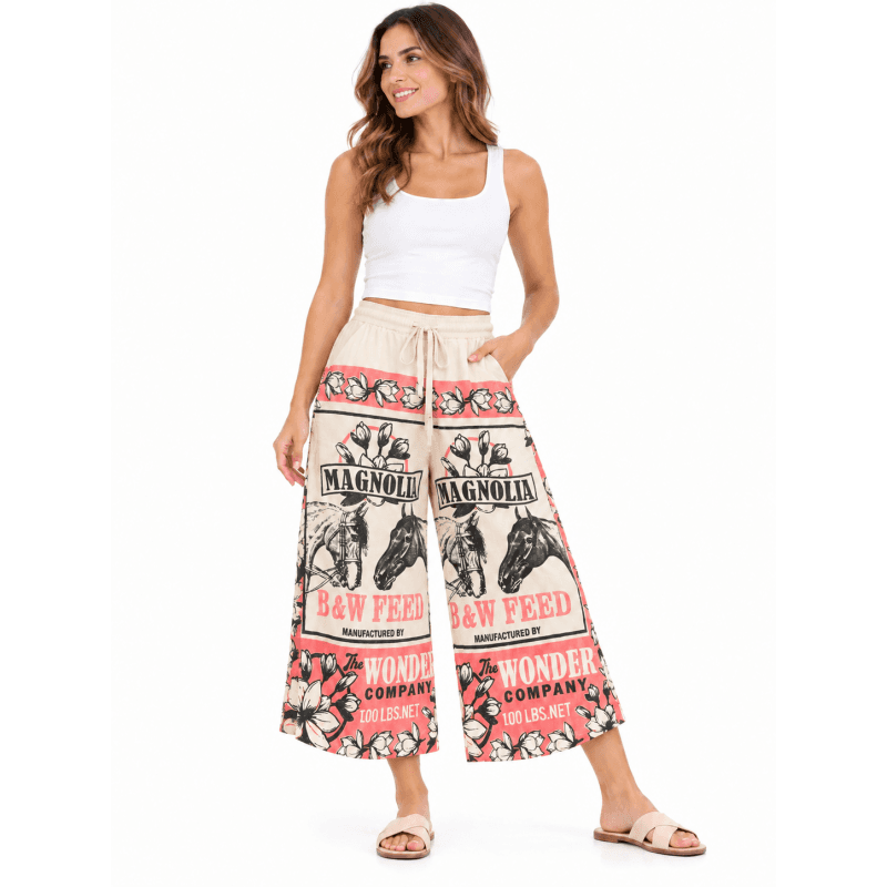 Vintage Cotton Feed Sack Magnolia Floral Palazzo Pants image