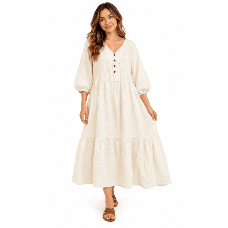 Cotton Crinkled Double Gauze Button Decorated Long Dress image