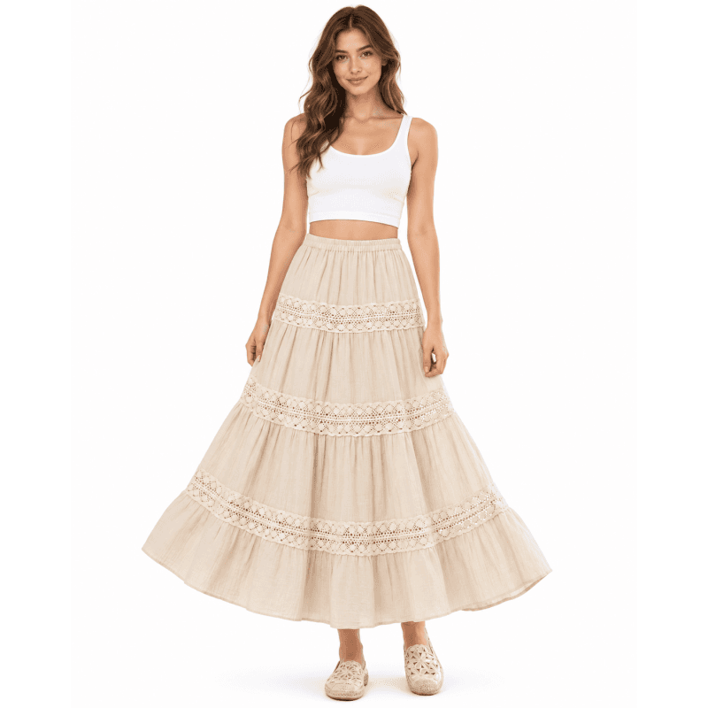 Cotton Crinkled Gauze Lace Trim Festival Skirt image