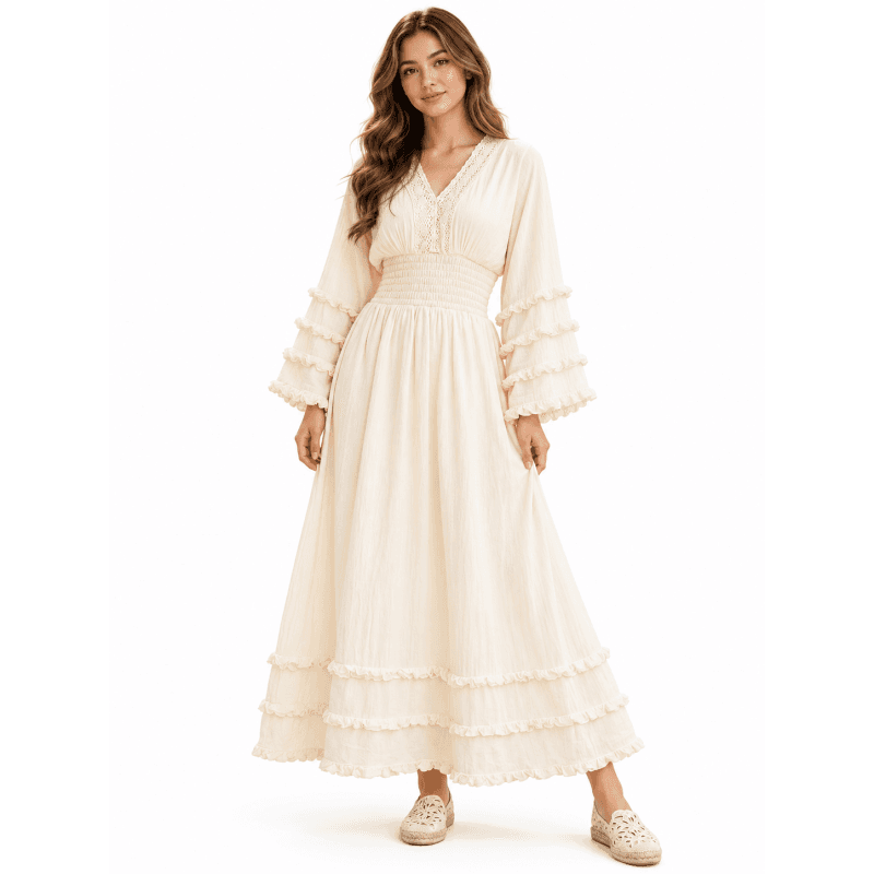 Cotton Crinkled Double Gauze V-Neck Long Layered Sleeves Dress image