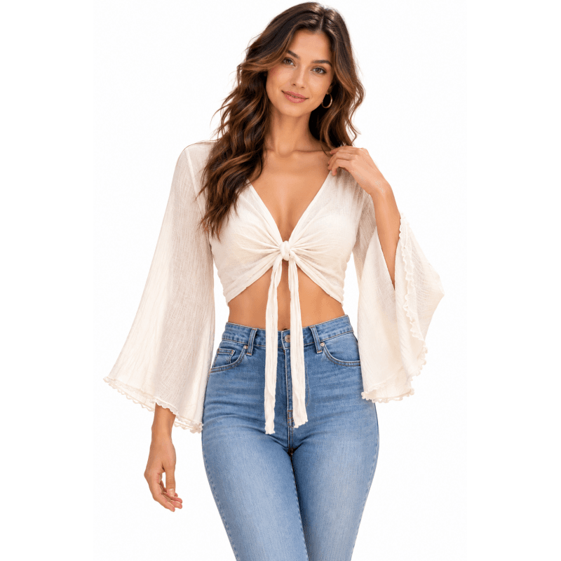 Cotton Crinkled Double Gauze Pure White Long Sleeve Tie-Knot Top KTK261368T image