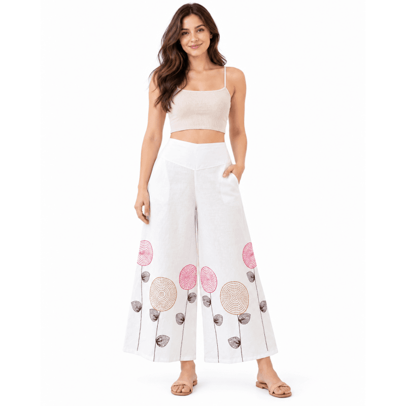 Cotton Multi-Color Swirl Embroidery Wide-Leg Floral Palazzo Pants image