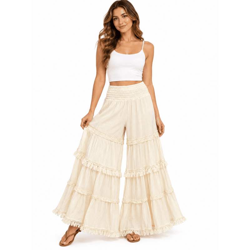 Cotton Crinkled Double Gauze Ombre Fringe Patch Princess Palazzo Pants image