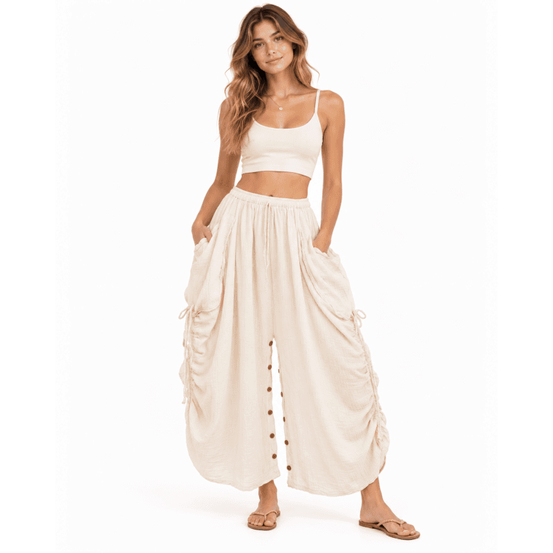 Cotton Crinkled Gauze Button-Decorated 2-in-1 Convertible Boho Skirt & Pants image