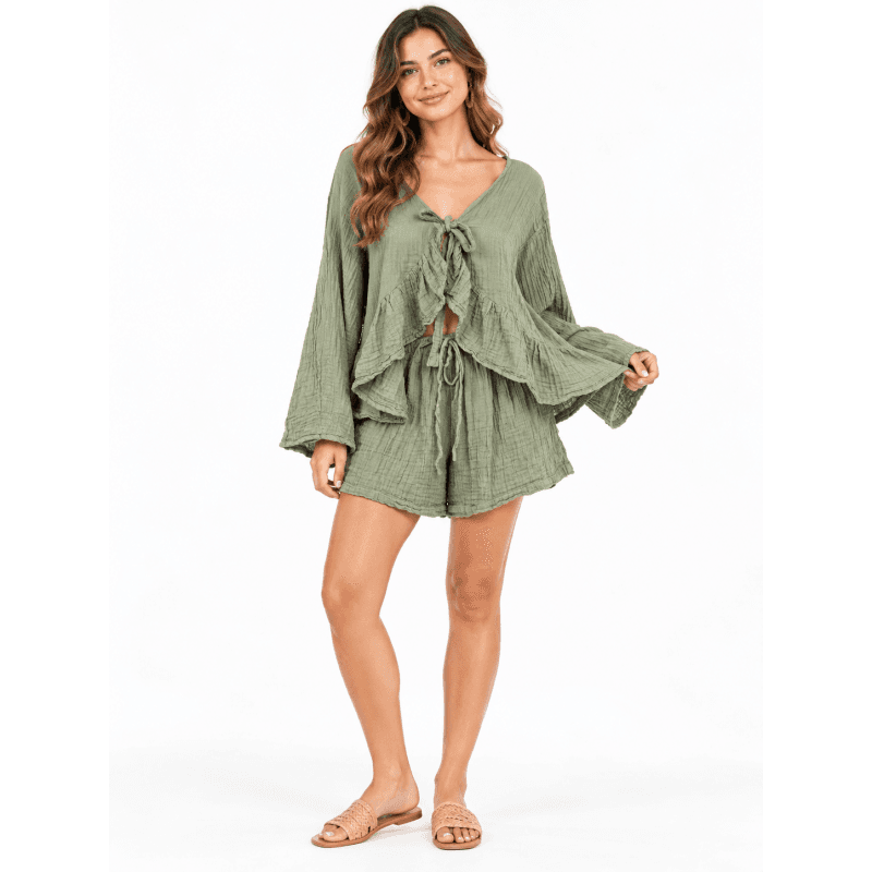 Cotton Crinkled Gauze Dark Green Top & Shorts Set image