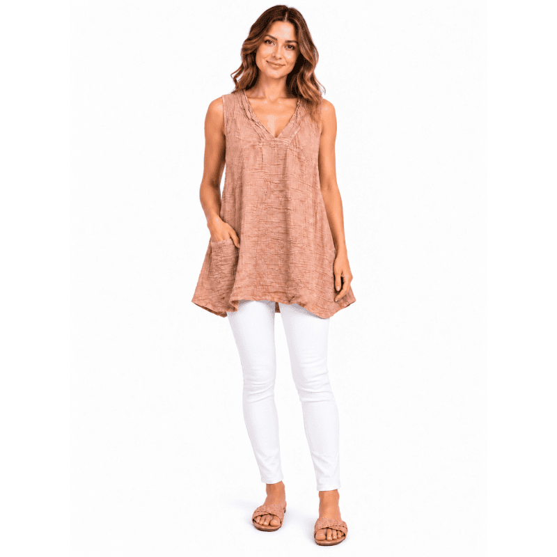 Cotton Crinkled Double Gauze Gold Pocket Wide Sleeve Boho Tunic image