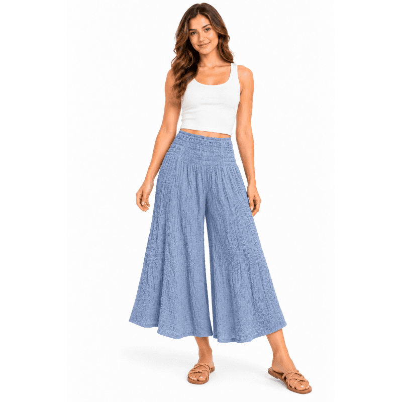 Cotton Crinkle Slate Blue Wide Leg Palazzo Pant image