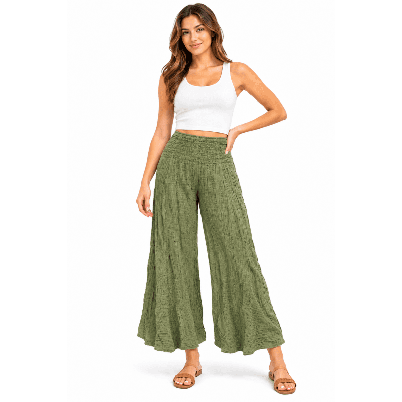 Cotton Crinkle Jungle Green Wide Leg Palazzo Pant image