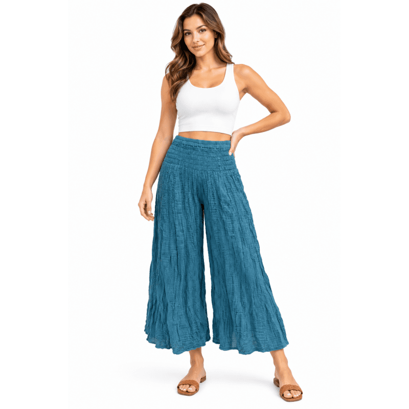 Cotton Crinkle Teal Wide Leg Palazzo Pant image