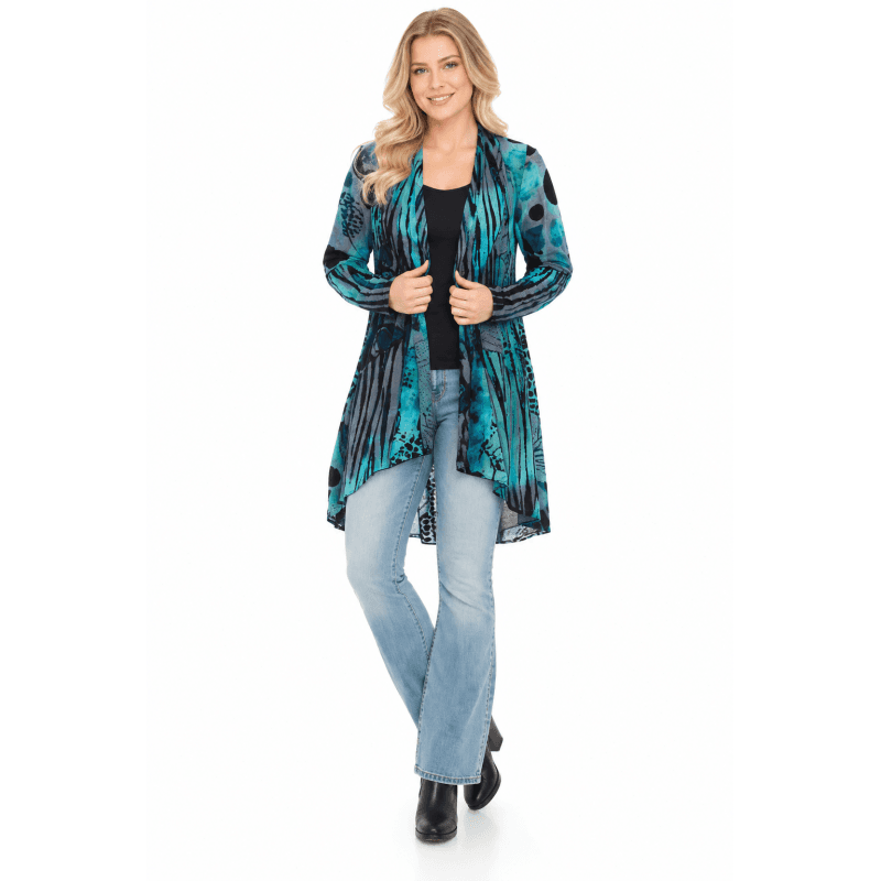 Women's Ocean Green Multi Polka Burnout Waffle Knit Open Front Cardigan KV23328 PLUS image
