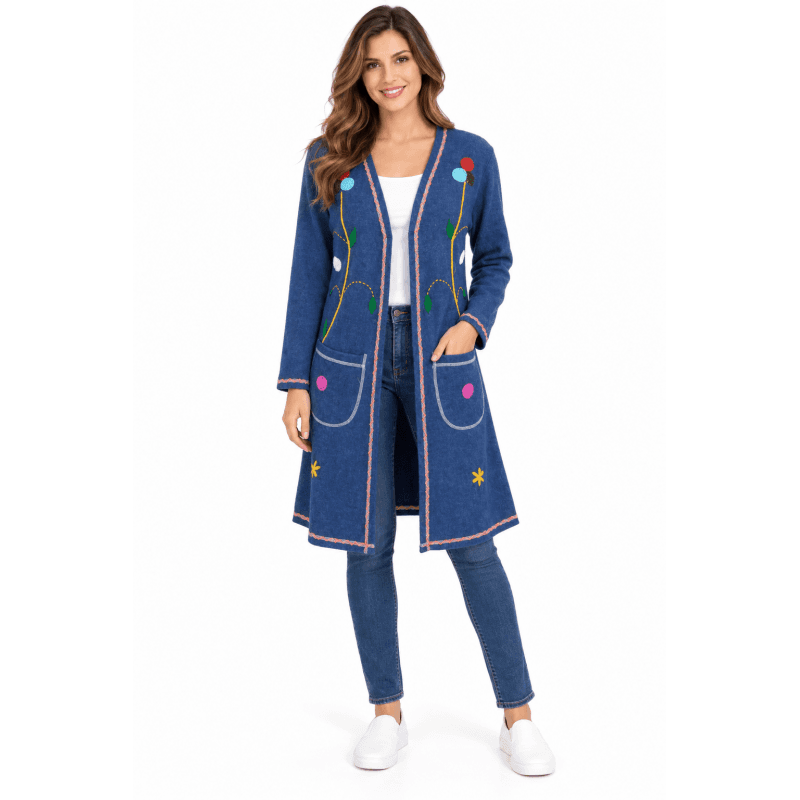Women Flower Emb Two pocket open Front Long Cardigan Jacket FC37 image