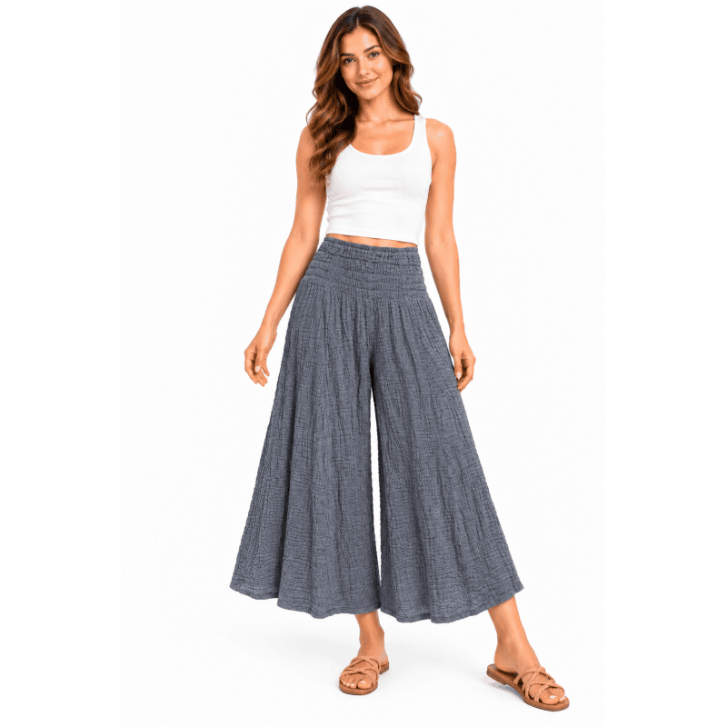 Cotton Crinkle Charcoal Gray Wide Leg Palazzo Pants image