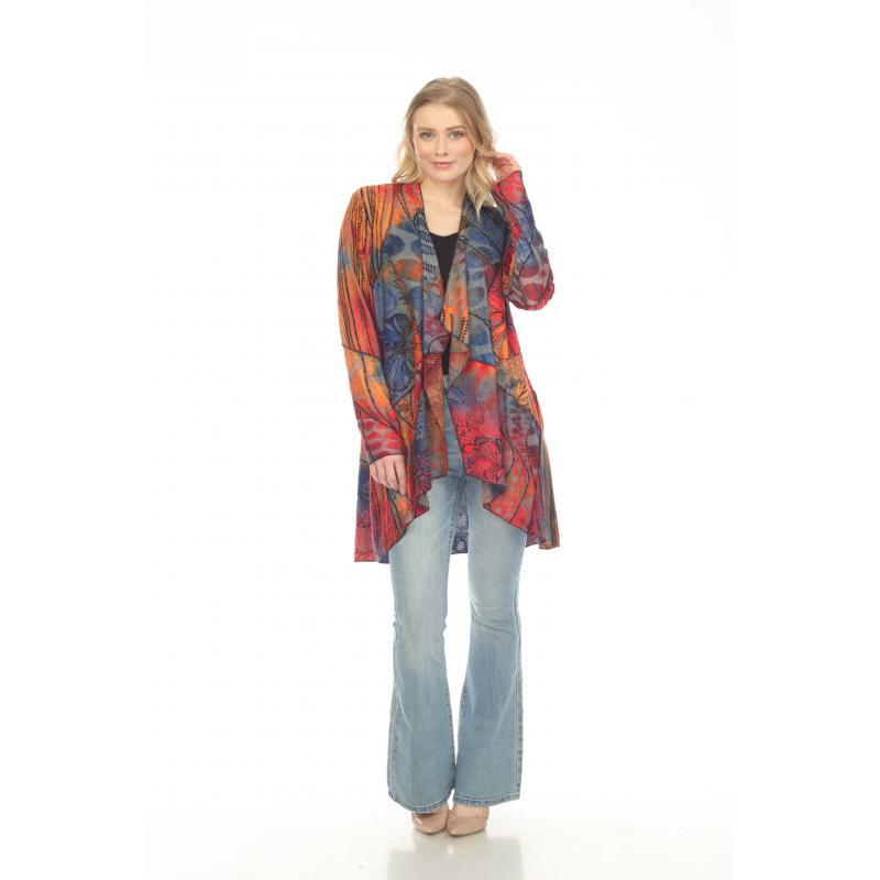 Women's Patchwork Red Multi Burnout Grand Canyon Open Front Cardigan