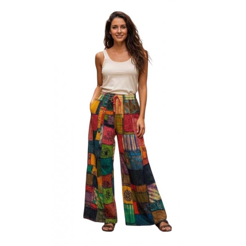 Cotton Stonewashed Patchwork Block Print Palazzo Pant
