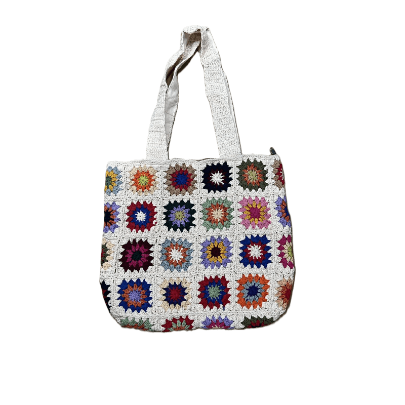 Cotton Crochet Square Pattern White Bag DT25813W