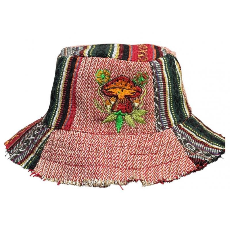Cotton Hemp Multi Patchwork Red Mushroom Bucket Hat image