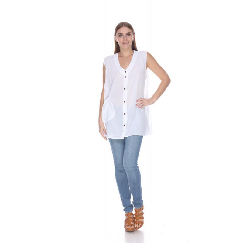Women's Sleeveless Button Up Pocket Tunic Dress